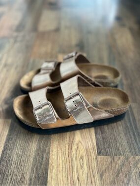 Birkenstock 38 Papillio Metallic Rose Gold Double-Strap Sandals
